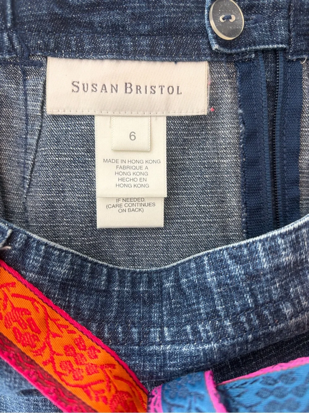 Susan Bristol Blue Denim Midi Skirt with Bright Woven Waist Tie